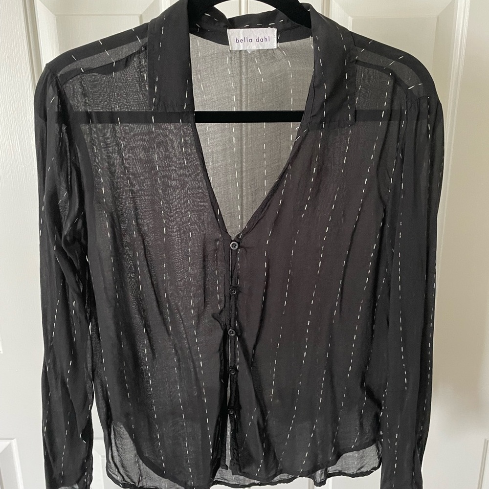 Bella Dahl sheer XS black blouse with white thin dotted stripes